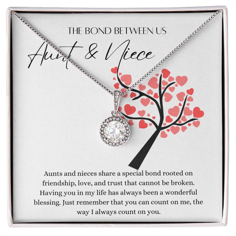 A necklace gift with a big cubic zirconia crystal pendant and a white gold finish, with a message card to for aunts and nieces, in a Jewelry box.