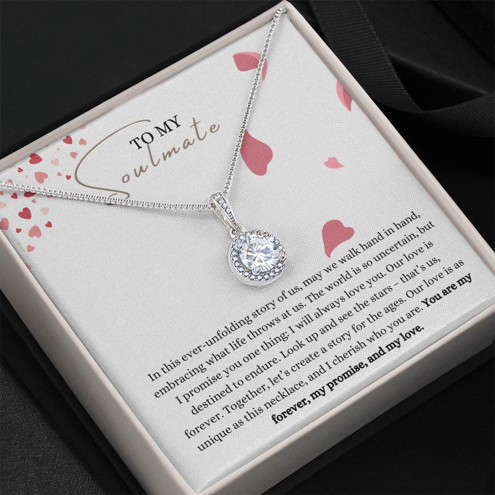 A necklace gift with a big cubic zirconia crystal pendant and a white gold finish, with a message card to soulmate, in a Jewelry box.