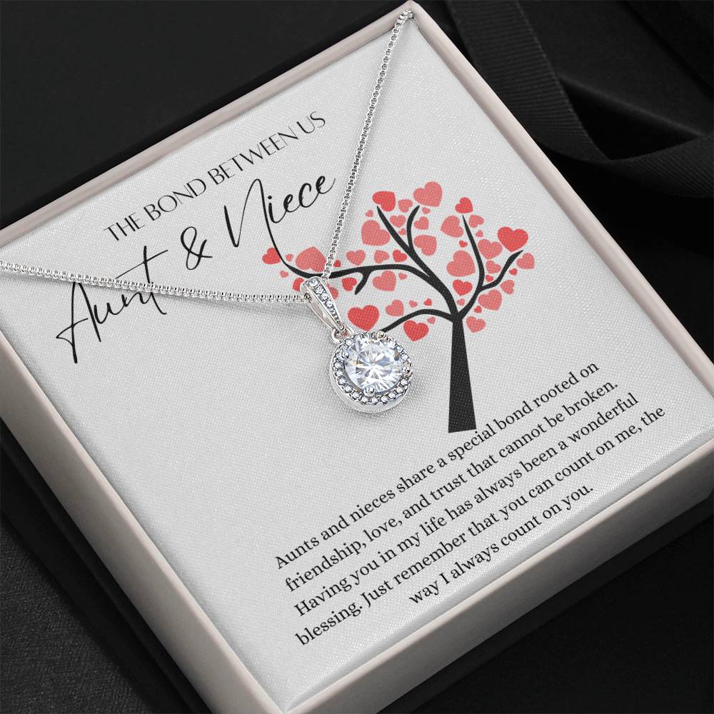 A necklace gift with a big cubic zirconia crystal pendant and a white gold finish, with a message card to for aunts and nieces, in a Jewelry box.