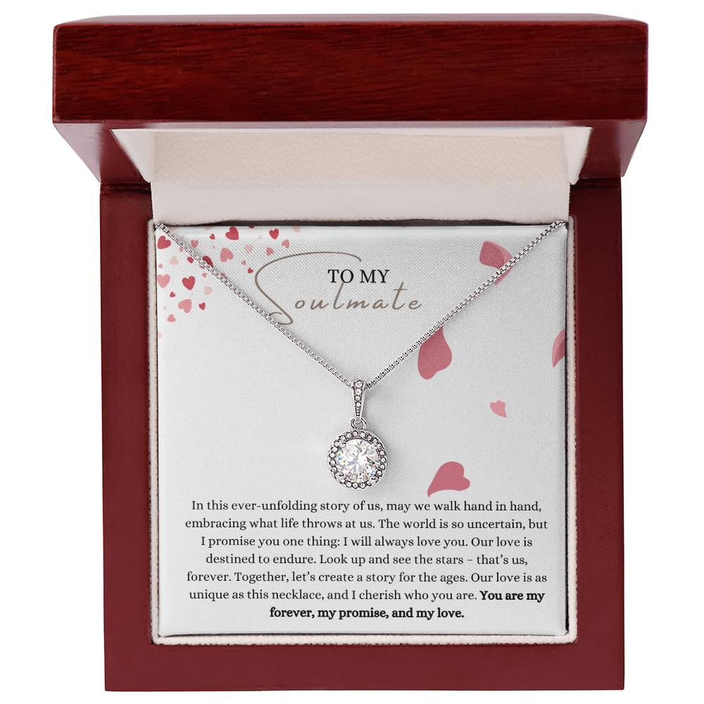 A necklace gift with a big cubic zirconia crystal pendant and a white gold finish, with a message card to soulmate, in a mahogany Jewelry box.