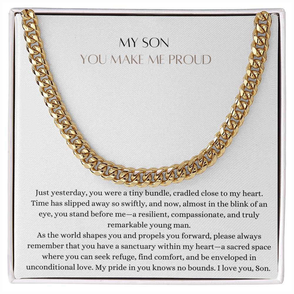 A Cuban chain necklace gift and a yellow gold finish, with a message card that says to my son, in a Jewelry box.