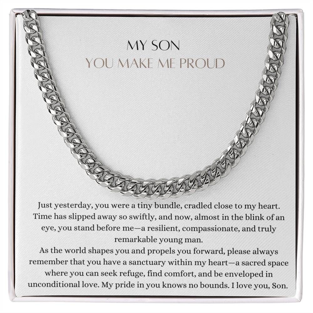 A Cuban chain necklace gift and a white gold finish, with a message card that says to my son, in a Jewelry box.