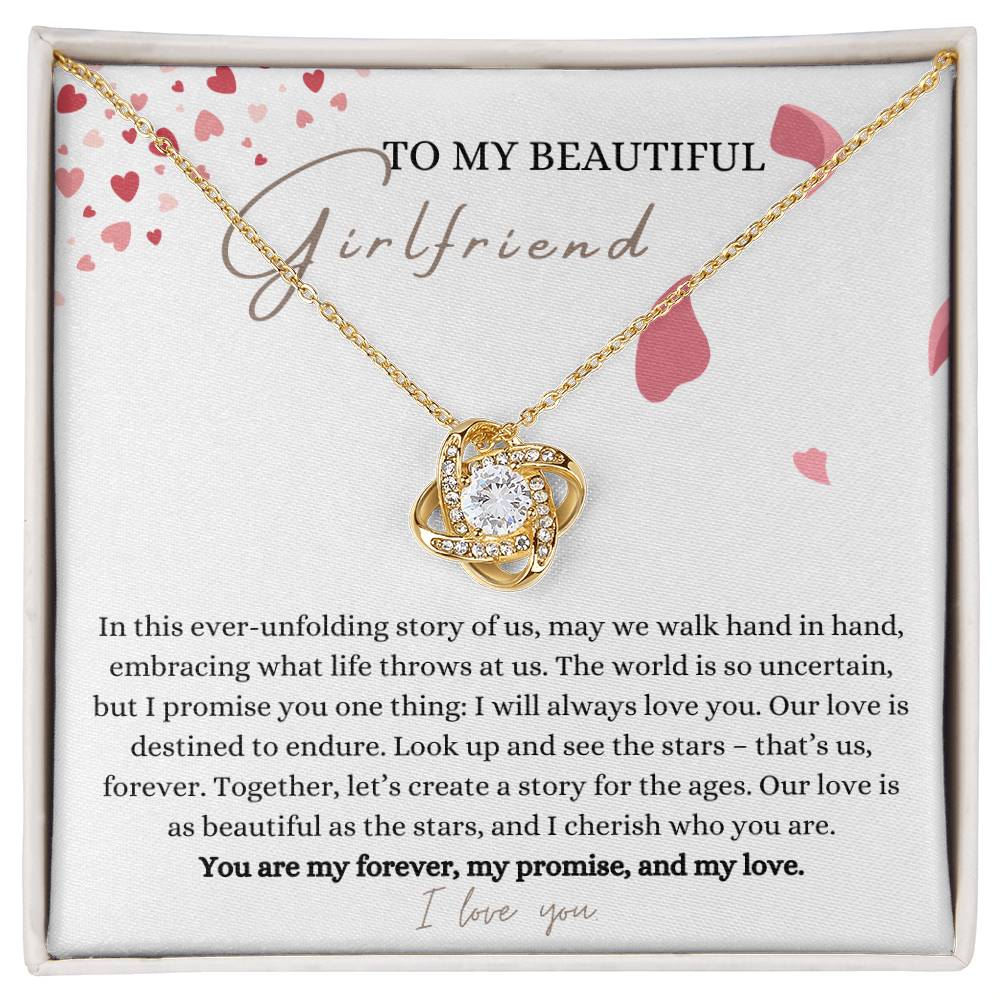 A yellow gold finish necklace gift, with a knot pendant embellished with premium cubic zirconia crystals, and a message card to my beautiful girlfriend, in a Jewelry box.