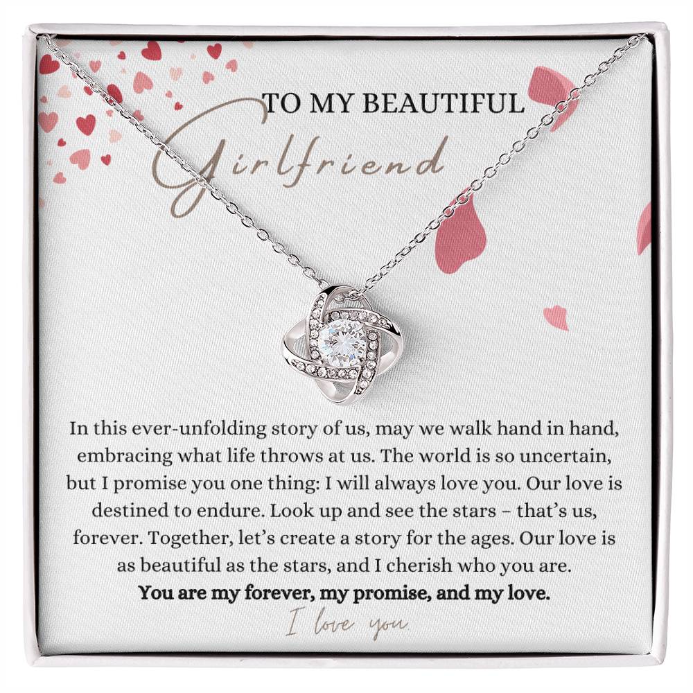A white gold finish necklace gift, with a knot pendant embellished with premium cubic zirconia crystals, and a message card to my beautiful girlfriend, in a Jewelry box.